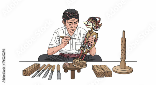 An Indonesian craftsman meticulously carves a traditional wooden wayang golek puppet, surrounded by his tools and raw wood.