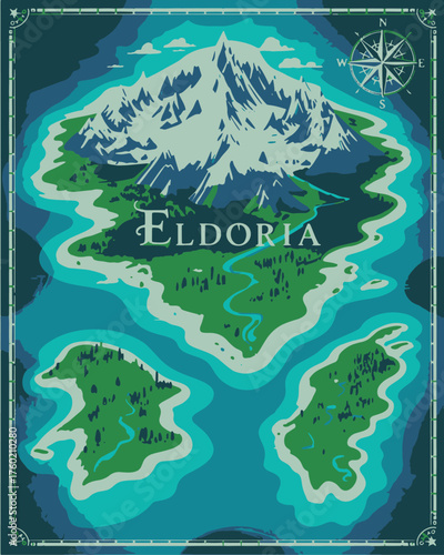 Stylized fantasy world map eldoria featuring majestic mountains lush green landscapes and island chains