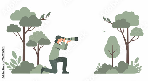 A person kneeling in nature, using a large telephoto camera to photograph wildlife or birds.