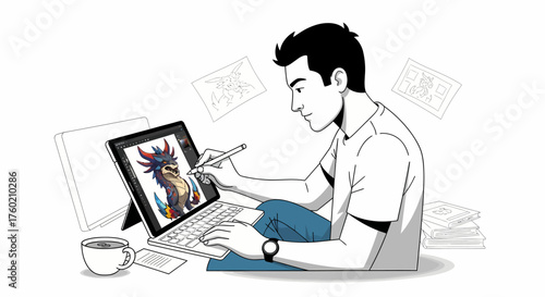 A man digitally drawing a colorful dragon character on a laptop with a stylus, surrounded by sketches and a coffee cup.
