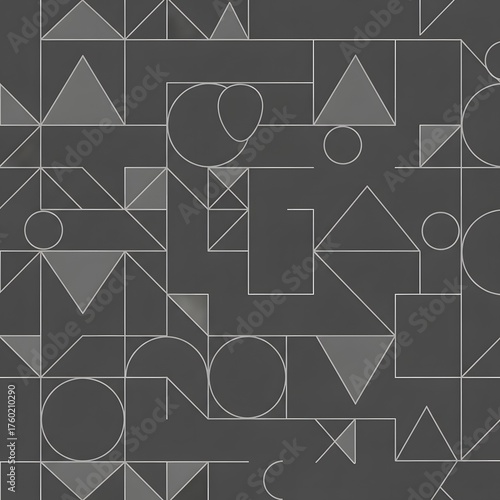 Geometric Harmony Minimalist Abstract Pattern with Triangles, Circles, and Squares on Gray Background