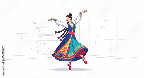 A graceful woman performs a traditional folk ballet dance in a vibrant, patterned dress and red pointe shoes.