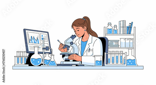 An illustration of a female scientist in a lab coat conducting research using a microscope and computer in a modern laboratory filled with various scientific equipment.