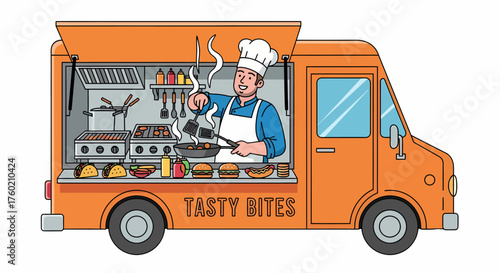 An illustration of a cheerful chef cooking food inside an orange food truck named 'Tasty Bites', serving various street food items.