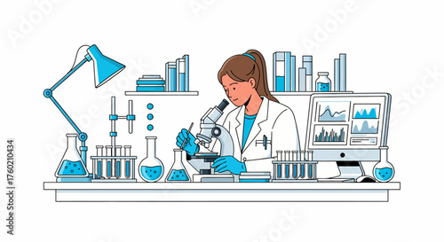 Female scientist working in a laboratory, examining samples with a microscope, surrounded by various scientific equipment and a computer displaying data.