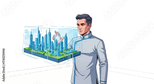 A man in a futuristic uniform interacts with a holographic 3D model of a smart city, showcasing urban planning and technology.