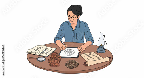 A woman with glasses sits at a wooden table, drawing on a tablet surrounded by historical artifacts like an open book, magnifying glass, ceramic pot, old coin, scroll, and an oil lamp, suggesting rese