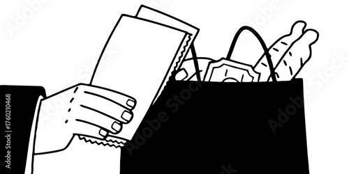 Illustration of hand holding papers bag groceries food shopping market purchase bread supermarket vector art