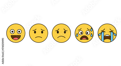 Emotional rollercoaster with expressive emoji faces showing joy, sadness, stress, and tears, perfect for illustrating feelings and conveying digital communication