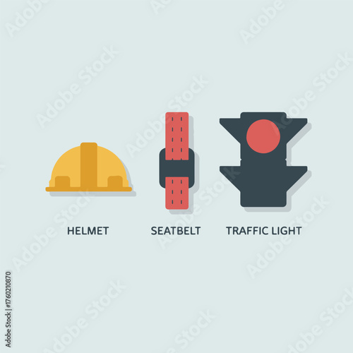 Safety icons construction helmet seatbelt traffic light simple flat design symbols for security and regulation