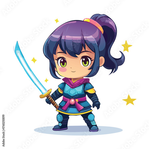 Chibi swordswoman stands ready with a glowing blade