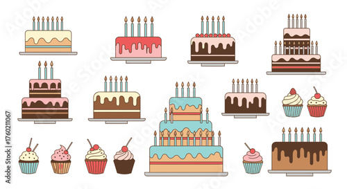 Celebrate life's sweet moments with this delightful assortment of cakes and cupcakes, perfect for birthdays, parties, and special occasions, vector art