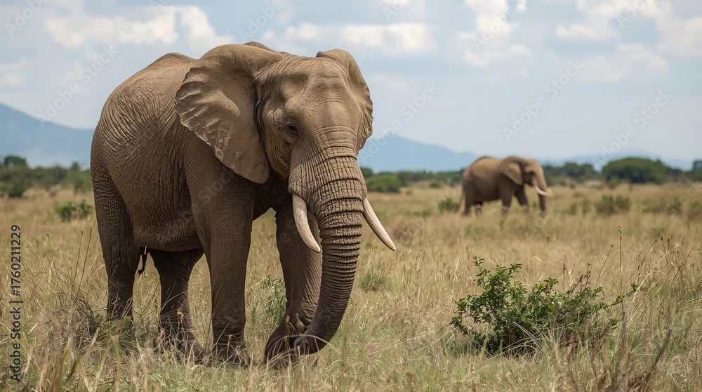 Obraz premium Majestic elephants roam freely across the sprawling African savanna, embodying the spirit of wildlife conservation and the beauty of the natural world