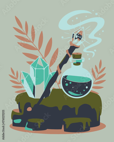 Magical potion and crystal staff on mossy altar with mystical energy swirls and fantasy elements