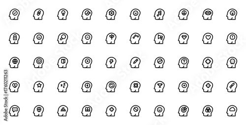Human Mind icon set. Minimal lineal vector icons pac. Includes symbols for ide, thinking, mental health,happiness, sadness, mind, reativity, wellness, problm solving and more.