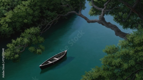 Wallpaper Mural Serene Waterway with Gentle Brushstroke Painting of a Boat Surrounded by Lush Greenery Torontodigital.ca