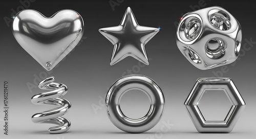 A collection of reflective silver metallic shapes, including a heart, star, sphere, helix, ring, and hexagon, are arranged against a neutral gray backdrop, showcasing modern design