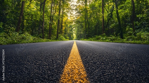 Empty asphalt road with a vibrant yellow line leading into a dense sun d d green forest