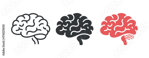 Brain Icon Vector Set, Line, Outline and Flat Human Brains, Intelligence, Thought, Psychology, Cognition and Brain Health, Creative Logo and Emoji Design
