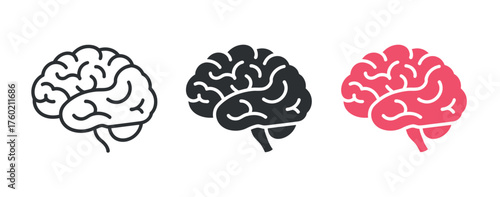 Human Brain Icons, Flat, Line and Outline Vectors, Cognitive and Psychological Symbols, Brain Health, Intelligence Concept, Startup Logo and Creative Emoji Design