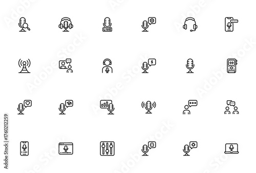 Podcast icon set. Vector illustration. Includes symbls for voice search, radio live broadcast, headphone, analytics, equalizer andmore. Editable stroke.