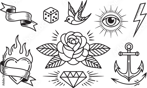 Retro tattoo flash art iconic symbols collection