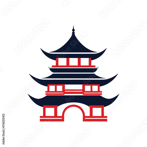 Navy and red asian building silhouette shows architectural structure against the white background