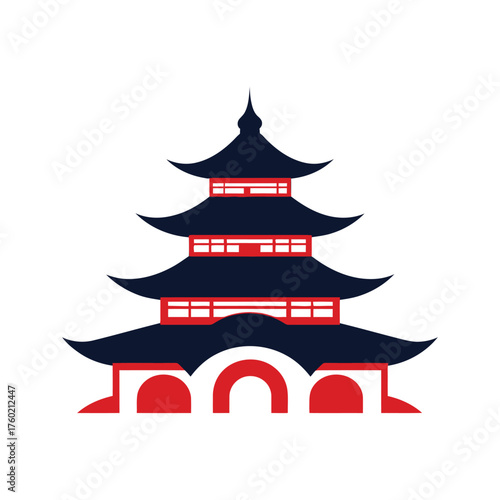 Pagoda illustration shows traditional japanese architecture in red and blue against a white background