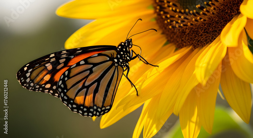 Vibrant Monarch Butterfly with Open Wings Feeding on a Bright Yellow Sunflower in Summer