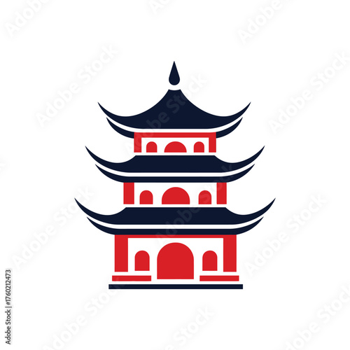 Red and blue pagoda displays traditional asian architecture against the white background