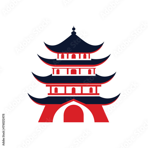 Red and black pagoda towers elegantly reaching upwards against the stark white background