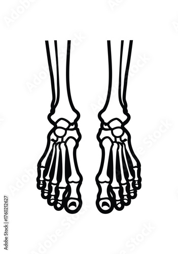 Black line art shows skeletal feet with bones on the white background