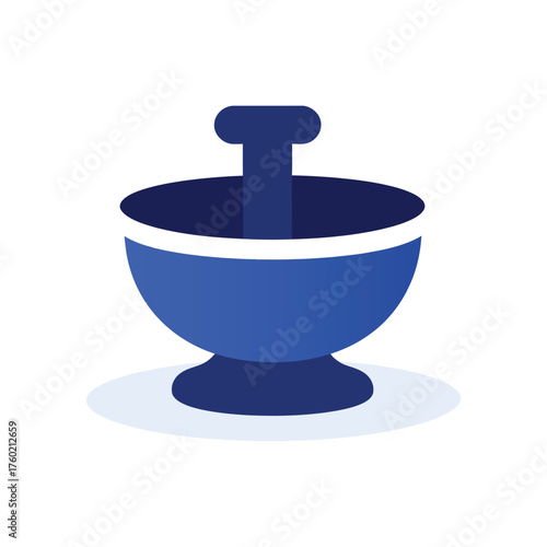 Blue mortar and pestle sit centered on a white surface with shading