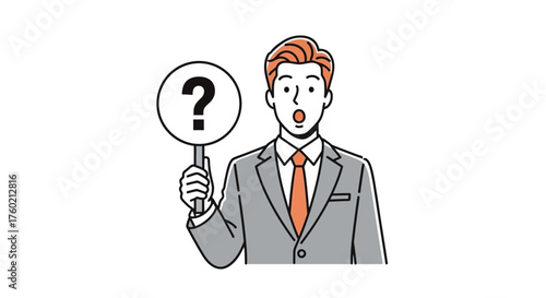 Surprised Businessman Holding Question Mark Sign Expressing Confusion.