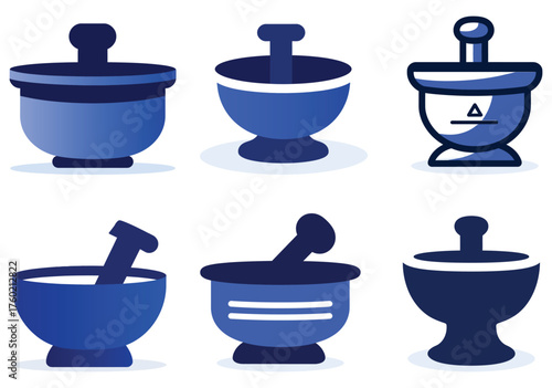 Six blue mortar and pestle icons showing diverse forms on a white background