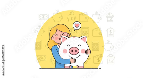Woman lovingly hugging a smiling piggy bank, symbolizing financial security.