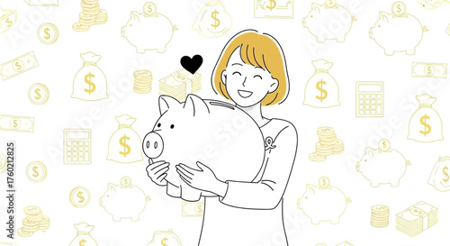 Woman Embracing Piggy Bank with Love.
