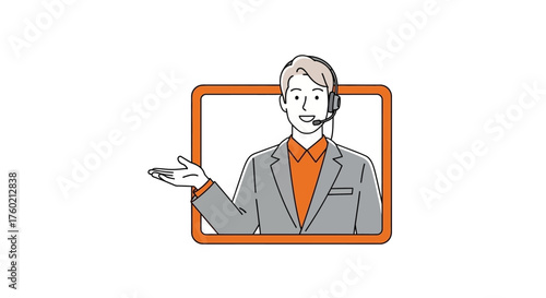 Customer service representative in a frame gesturing with hand.
