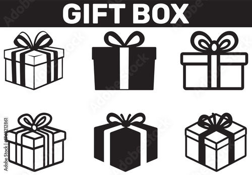 Six black and white gift boxes with bows are isolated on white background