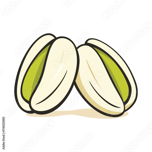 Two pistachio nuts lie closely together, set against a stark white background