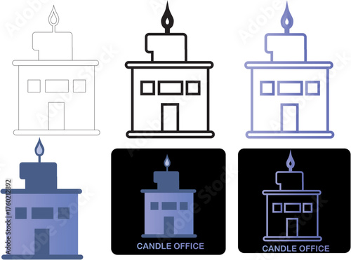 Modern minimalist flat vector icon of a stylized office building topped with a lit candle flame, representing creative ideas, business innovation, or sustained work and inspiration