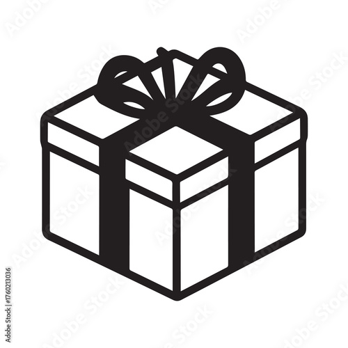 Isolated black and white line drawing of a gift box tied with ribbon on white background