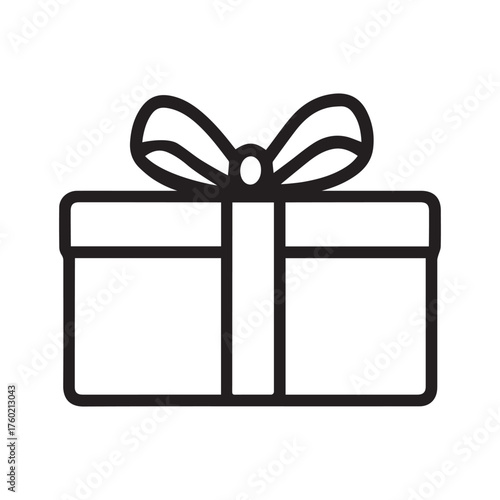 Simple black line art showcases a gift box with decorative bow on white background