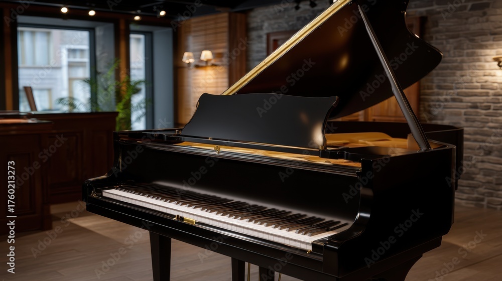 Fototapeta premium Grand Piano Displayed Elegantly in Museum Corner with Modern Interior Design