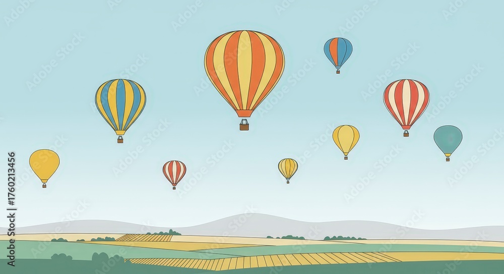 Fototapeta premium Colorful hot air balloons floating in the sky over rural landscape
