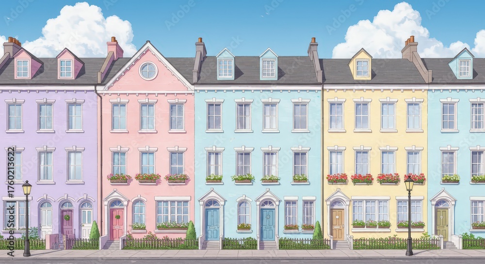Fototapeta premium Colorful row of houses architectural illustration with pastel exterior designs