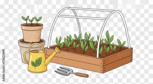 Rustic Flat Cartoon Gardening Scene - Raised Bed, Watering Can & Tools Clipart