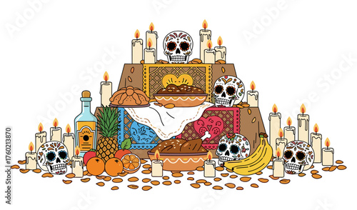 Day of the Dead Altar Illustration with Sugar Skulls Candles and Offerings