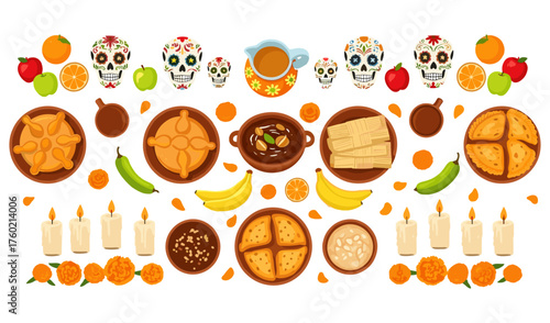 Dia de los Muertos Celebration Traditional Food and Decorations