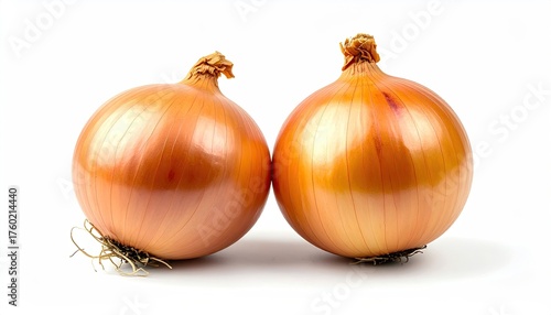 Wallpaper Mural Two golden onions with dry skins and visible roots stand side by side on a clean white background with soft overhead lighting highlighting their round shapes and smooth textures Torontodigital.ca